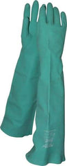 SHOWA - Size S (7), 19" Long, 22 mil Thick, Nitrile Chemical Resistant Gloves - Textured Finish, Slip-On Cuff, ANSI Abrasion Level 4, ANSI Cut Level 0, ANSI Puncture Level 1, Green, FDA Approved - Americas Industrial Supply