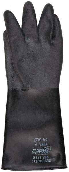 SHOWA - Size L (9), 14" Long, 25 mil Thick, Butyl Chemical Resistant Gloves - Textured Finish, Rolled Cuff, ANSI Abrasion Level 0, ANSI Cut Level 0, ANSI Puncture Level 0, Black - Americas Industrial Supply