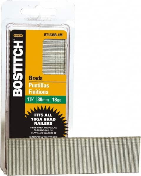 Stanley Bostitch - 18 Gauge 0.05" Shank Diam 1-1/2" Long Brad Nails for Power Nailers - Steel, Bright Finish, Ring Shank, Straight Stick Adhesive Collation, Brad Head, Chisel Point - Americas Industrial Supply