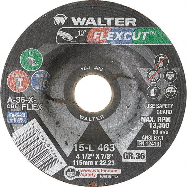 WALTER Surface Technologies - 4-1/2" Diam x 7/8" Hole, 36 Grit Surface Grinding Wheel - Americas Industrial Supply