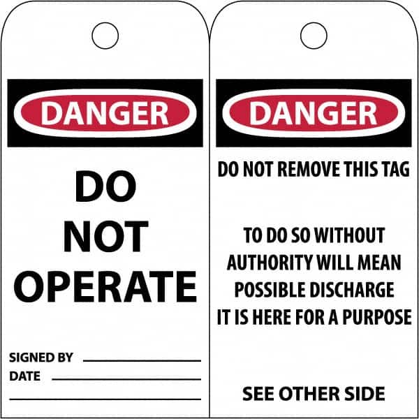 NMC - 3" High x 6" Long, DANGER \x96 DO NOT OPERATE, English Safety & Facility Accident Prevention Tag - Tag Header: Danger, 2 Sides, White Poly - Americas Industrial Supply