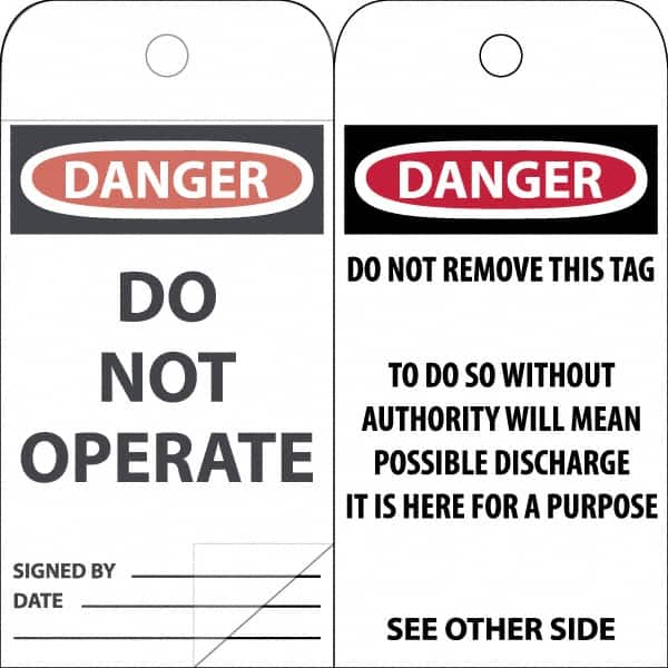 NMC - 3" High x 6" Long, DANGER \x96 DO NOT OPERATE, English Safety & Facility Accident Prevention Tag - Tag Header: Danger, 2 Sides, White Poly - Americas Industrial Supply