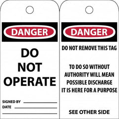 NMC - 3" High x 6" Long, DANGER \x96 DO NOT OPERATE, English Safety & Facility Accident Prevention Tag - Tag Header: Danger, 2 Sides, White Poly - Americas Industrial Supply