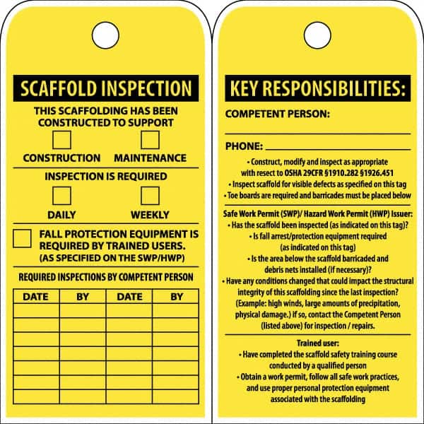 NMC - 3" High x 6" Long, SCAFFOLD INSPECTION, English Safety & Facility Inspection Tag - Tag Header: Notice, 2 Sides, Yellow Poly - Americas Industrial Supply