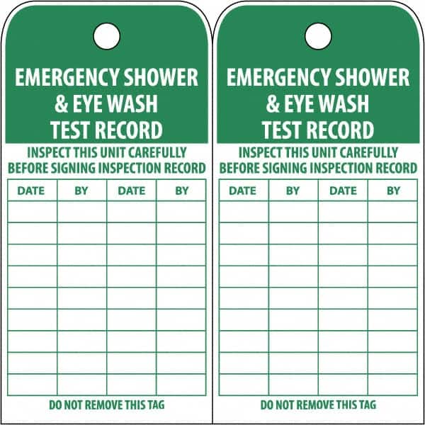 NMC - 3" High x 6" Long, EMERGENCY SHOWER & EYE WASH TEST RECORD, English Safety & Facility Accident Prevention Tag - Tag Header: Danger, 2 Sides, White Poly - Americas Industrial Supply