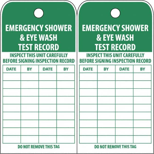 NMC - 3" High x 6" Long, EMERGENCY SHOWER & EYE WASH TEST RECORD, English Safety & Facility Accident Prevention Tag - Tag Header: Danger, 2 Sides, White Poly - Americas Industrial Supply