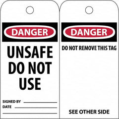 NMC - 3" High x 6" Long, DANGER \x96 UNSAFE DO NOT USE, English Safety & Facility Accident Prevention Tag - Tag Header: Danger, 2 Sides, White Poly - Americas Industrial Supply
