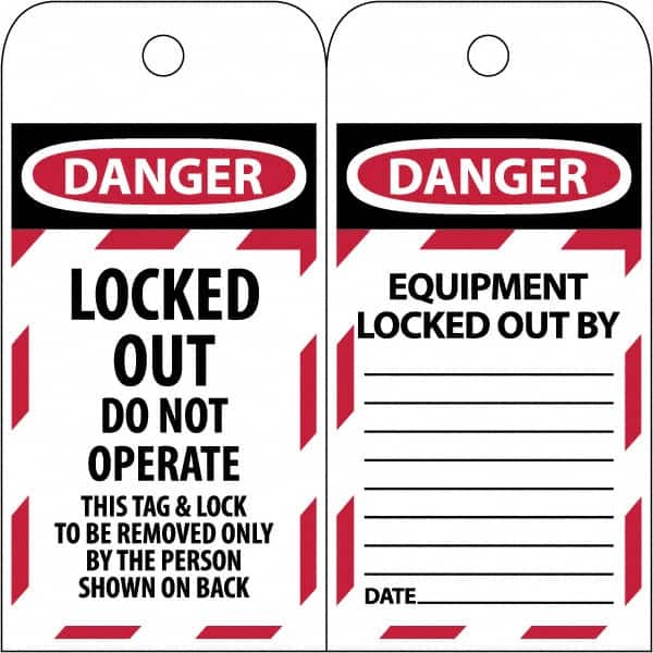 NMC - 3" High x 6" Long, LOCKED OUT - DO NOT OPERATE, English Safety & Facility Lockout Tag - Tag Header: Danger, 2 Sides, Black & Red Poly - Americas Industrial Supply