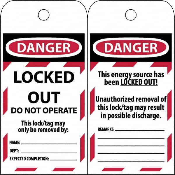 NMC - 3" High x 6" Long, LOCKED OUT - DO NOT OPERATE, English Safety & Facility Lockout Tag - Tag Header: Danger, 2 Sides, Black & Red Poly - Americas Industrial Supply