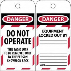 NMC - 3" High x 6" Long, DANGER - DO NOT OPERATE - EQUIPMENT LOCK-OUT - THIS TAG & LOCK TO BE REMOVED ONLY BY THE PERSON SHOWN ON BACK, English Safety & Facility Lockout Tag - Tag Header: Danger, 2 Sides, Black & Red Poly - Americas Industrial Supply