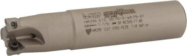 Iscar - 3/4" Cut Diam, 0.2" Max Depth of Cut, 3/4" Shank Diam, 3-1/2" OAL, Indexable Square Shoulder Helical End Mill - HM390 TCKT 0703PCTR Inserts, Weldon Shank, 0° Lead Angle, Through Coolant, Series HeliIQMill - Americas Industrial Supply