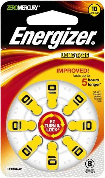 Energizer - Size 10, Zinc Air, 1 Pack, Hearing Aid Battery - 1.4 Volts, Button Tab Terminal, PR70 - Americas Industrial Supply