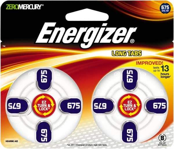 Energizer - Size 675, Zinc Air, 1 Pack, Hearing Aid Battery - 1.4 Volts, Button Tab Terminal, PR44 - Americas Industrial Supply