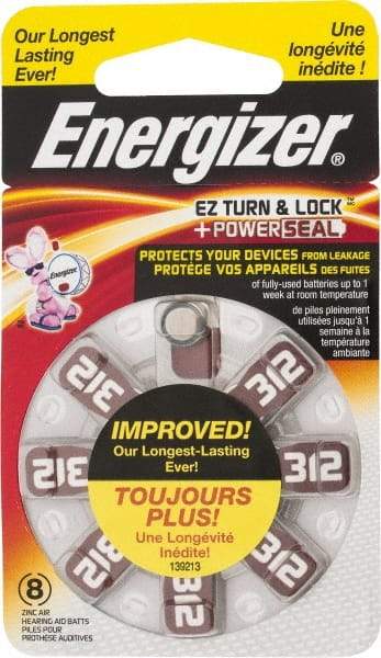 Energizer - Size 312, Zinc Air, 1 Pack, Hearing Aid Battery - 1.4 Volts, Button Tab Terminal, PR41 - Americas Industrial Supply