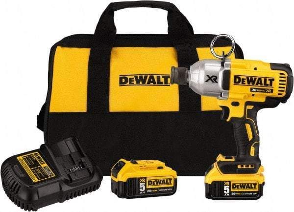 DeWALT - 7/16" Drive 20 Volt Mid-Handle Cordless Impact Wrench & Ratchet - 400/900/1,200 RPM, 0 to 2,400 BPM, 500 Ft/Lb Torque, 2 Lithium-Ion Batteries Included - Americas Industrial Supply