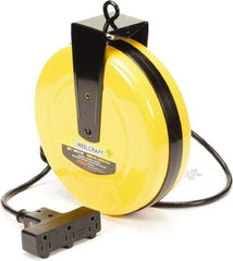 Reelcraft - 16 AWG, 30' Cable Length, Cord & Cable Reel with Outlet End - 3 Outlets, NEMA 5-15R, 10 Amps, 125 Volts, SJTW Cable, Yellow Reel, Spring Driven Reel - Americas Industrial Supply