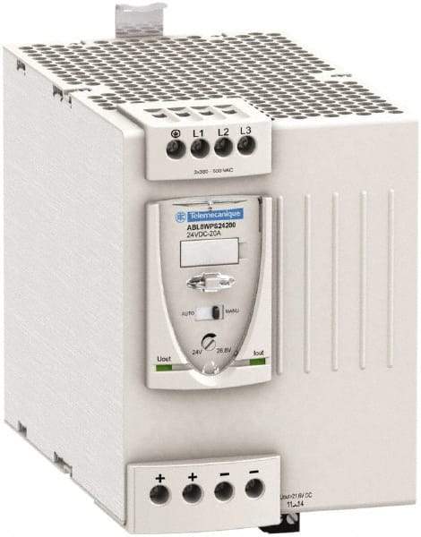 Schneider Electric - 480 Watt, 20 Amp, 380 to 500 VAC Input, 24 VDC Output, DIN Rail Power Supply - Screw Connection, 165mm Wide x 155mm Deep x 143mm High, 92-100% Efficiency, Green LED Output, Red LED Output - Americas Industrial Supply