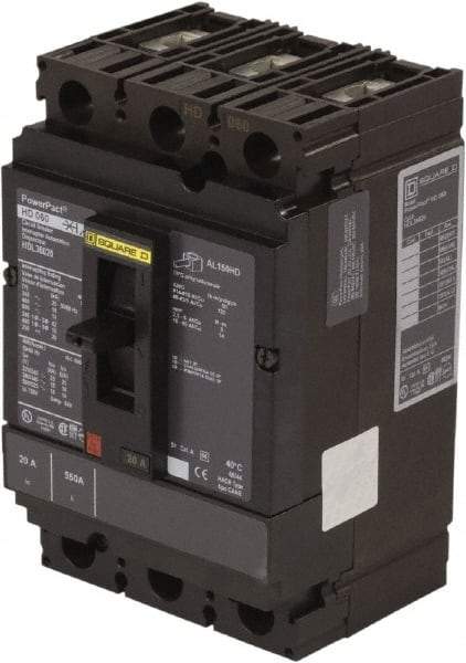 Square D - 20 Amp, 250 VDC, 600 VAC, 3 Pole, Panel Mount Molded Case Circuit Breaker - Thermal Magnetic Trip, 14-3/0 AWG, 87.4mm Deep x 162.6mm High x 104.7mm Wide - Americas Industrial Supply