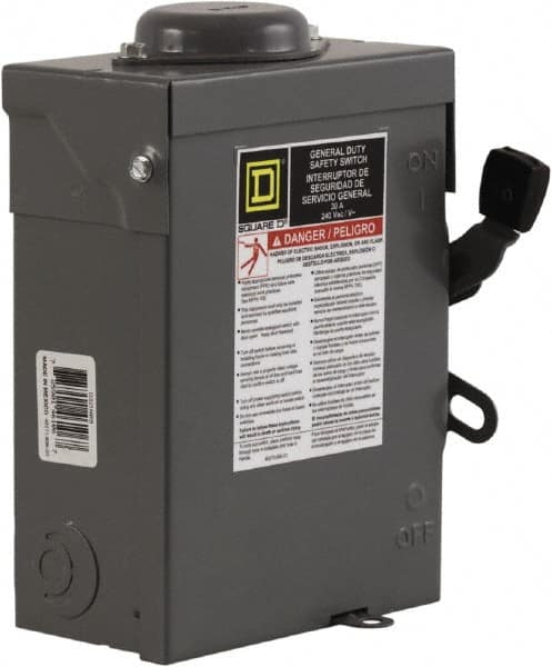 Square D - 30 Amp, 240 V, 3 Pole Fused Safety Switch - NEMA 3R, 3 hp at 240 VAC (Single Phase), 7.5 hp at 240 VAC (Triple Phase), 3PST Contact Form - Americas Industrial Supply