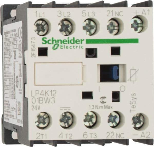 Schneider Electric - 3 Pole, 24 Coil VDC, 12 Amp at 440 VAC, 16 Amp at 690 VAC and 20 Amp at 440 VAC, Nonreversible IEC Contactor - BS 5424, CSA, IEC 60947, NF C 63-110, RoHS Compliant, UL Listed, VDE 0660 - Americas Industrial Supply