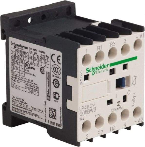 Schneider Electric - 4 Pole, 24 Coil VDC, 16 Amp at 690 VAC and 20 Amp at 440 VAC, Nonreversible IEC Contactor - BS 5424, CSA, IEC 60947, NF C 63-110, RoHS Compliant, UL Listed, VDE 0660 - Americas Industrial Supply