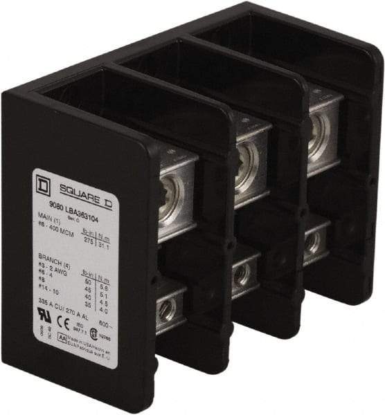 Square D - 3 Poles, 270 (Aluminium), 335 (Copper) Amp, Phenolic Power Distribution Block - 600 VAC, 1 Primary Connection - Americas Industrial Supply