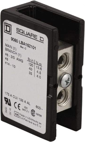 Square D - 3 Poles, 135 (Aluminium), 175 (Copper) Amp, Phenolic Power Distribution Block - 600 VAC, 1 Primary Connection - Americas Industrial Supply