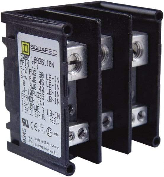 Square D - 3 Poles, 115 (Copper), 90 (Aluminium) Amp, Thermoplastic Power Distribution Block - 600 VAC, 1 Primary Connection - Americas Industrial Supply