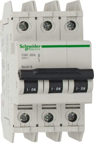 Schneider Electric - 25 Amp, 125 VDC, 240 VAC, 60 VDC, 3 Pole, DIN Rail Mount, Fixed Mount Miniature Circuit Breaker - Thermal Magnetic Trip, Multiple Breaking Capacity Ratings, 73mm Deep x 107mm High x 54mm Wide - Americas Industrial Supply