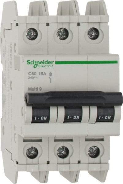 Schneider Electric - 15 Amp, 125 VDC, 240 VAC, 60 VDC, 3 Pole, DIN Rail Mount, Fixed Mount Miniature Circuit Breaker - Thermal Magnetic Trip, Multiple Breaking Capacity Ratings, 73mm Deep x 107mm High x 54mm Wide - Americas Industrial Supply