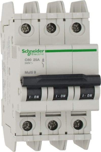 Schneider Electric - 25 Amp, 125 VDC, 240 VAC, 60 VDC, 3 Pole, DIN Rail Mount, Fixed Mount Miniature Circuit Breaker - Thermal Magnetic Trip, Multiple Breaking Capacity Ratings, 73mm Deep x 107mm High x 54mm Wide - Americas Industrial Supply