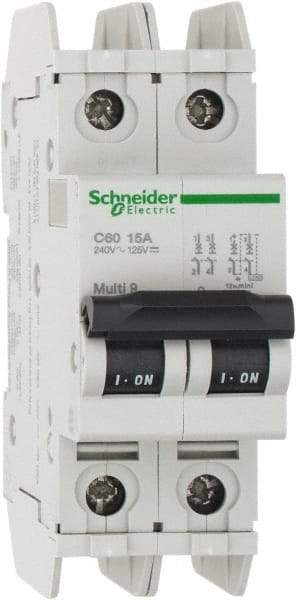 Schneider Electric - 15 Amp, 125 VDC, 240 VAC, 60 VDC, 1 Pole, DIN Rail Mount, Fixed Mount Miniature Circuit Breaker - Thermal Magnetic Trip, Multiple Breaking Capacity Ratings, 73mm Deep x 107mm High x 36mm Wide - Americas Industrial Supply