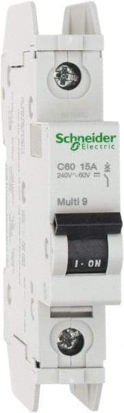 Schneider Electric - 15 Amp, 125 VDC, 240 VAC, 60 VDC, 1 Pole, DIN Rail Mount, Fixed Mount Miniature Circuit Breaker - Thermal Magnetic Trip, 10 kA at 277 VAC Breaking Capacity, 73mm Deep x 81mm High x 18mm Wide - Americas Industrial Supply