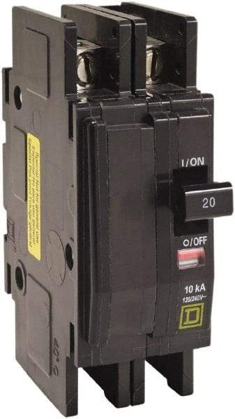 Square D - 25 Amp, 120/240 VAC, 2 Pole, DIN Rail Mounted, Flush Mount, Surface Mount Miniature Circuit Breaker - Thermal Magnetic Trip, 10 kA at 120/240 VAC Breaking Capacity, 14-2 (Aluminum), 14-2 (Copper) AWG, 74mm Deep x 103mm High x 19mm Wide - Americas Industrial Supply