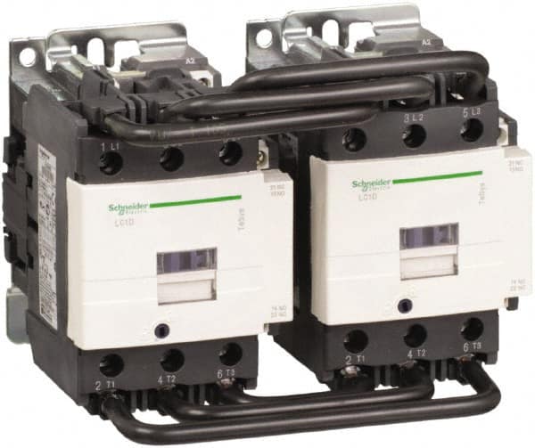 Schneider Electric - 3 Pole, 120 Coil VAC at 50/60 Hz, 80 Amp at 440 VAC, Reversible IEC Contactor - 1 Phase hp: 15 at 230/240 VAC, 7.5 at 115 VAC, 3 Phase hp: 20 at 200/208 VAC, 25 at 230/240 VAC, 60 at 460/480 VAC, 60 at 575/600 VAC - Americas Industrial Supply