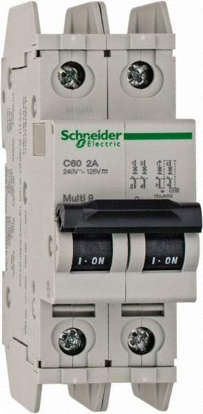 Schneider Electric - 2 Amp, 125 VDC, 240 VAC, 60 VDC, 1 Pole, DIN Rail Mount, Fixed Mount Miniature Circuit Breaker - Thermal Magnetic Trip, Multiple Breaking Capacity Ratings, 73mm Deep x 107mm High x 36mm Wide - Americas Industrial Supply