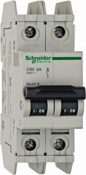 Schneider Electric - 2 Amp, 125 VDC, 240 VAC, 60 VDC, 1 Pole, DIN Rail Mount, Fixed Mount Miniature Circuit Breaker - Thermal Magnetic Trip, Multiple Breaking Capacity Ratings, 73mm Deep x 107mm High x 36mm Wide - Americas Industrial Supply