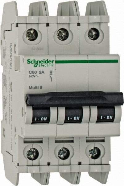Schneider Electric - 2 Amp, 125 VDC, 240 VAC, 60 VDC, 3 Pole, DIN Rail Mount, Fixed Mount Miniature Circuit Breaker - Thermal Magnetic Trip, Multiple Breaking Capacity Ratings, 73mm Deep x 107mm High x 54mm Wide - Americas Industrial Supply