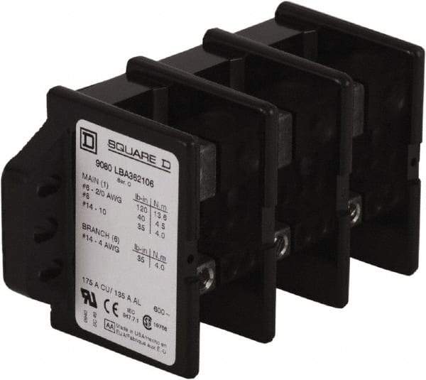 Square D - 3 Poles, 135 (Aluminium), 175 (Copper) Amp, Phenolic Power Distribution Block - 600 VAC, 1 Primary Connection - Americas Industrial Supply