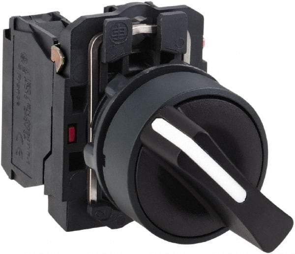 Schneider Electric - 22mm Mount Hole, 3 Position, Handle Operated, Selector Switch with Contact Blocks - Black, Maintained (MA), 2NO, Shock, Vibration and Water Resistant - Americas Industrial Supply