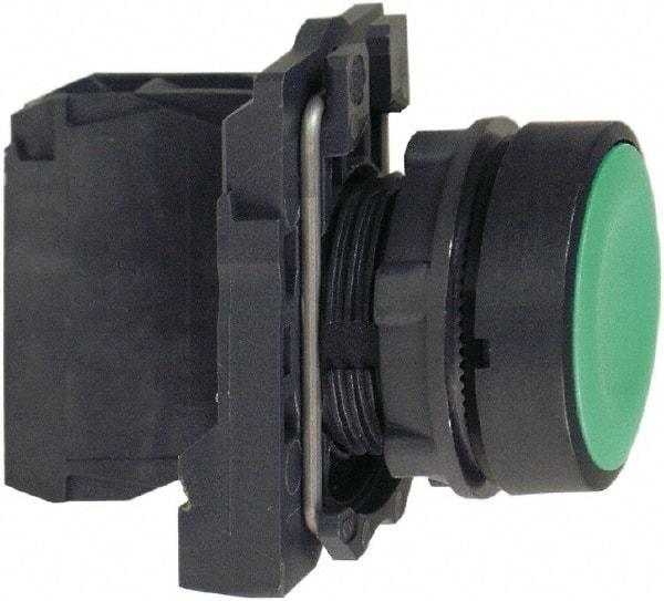 Schneider Electric - 22mm Mount Hole, Flush, Pushbutton Switch with Contact Block - Round, Green Pushbutton, Momentary (MO) - Americas Industrial Supply