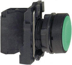Schneider Electric - 22mm Mount Hole, Flush, Pushbutton Switch with Contact Block - Round, Green Pushbutton, Momentary (MO) - Americas Industrial Supply