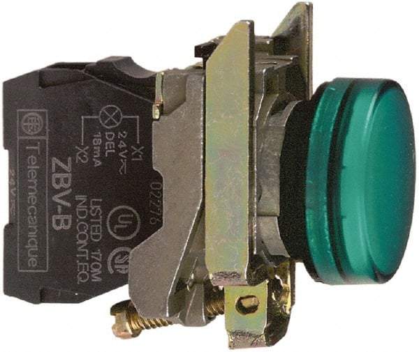 Schneider Electric - 110-120 VAC at 50/60 Hz Green Lens LED Pilot Light - Round Lens, Screw Clamp Connector, 30mm Wide, Vibration Resistant, Water Resistant - Americas Industrial Supply