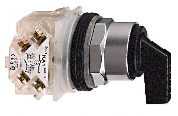 Schneider Electric - 1.18 Inch Mount Hole, 3 Position, Knob and Pushbutton Operated, Selector Switch - Black, Momentary (MO), 2NO/2NC, Weatherproof and Dust and Oil Resistant - Americas Industrial Supply