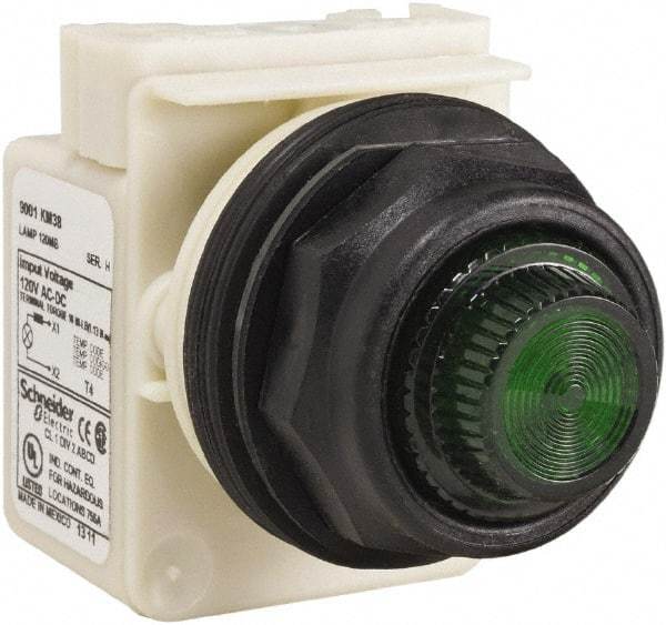 Schneider Electric - 120 V Green Lens Indicating Light - Round Lens, Screw Clamp Connector, Corrosion Resistant, Dust Resistant, Oil Resistant - Americas Industrial Supply