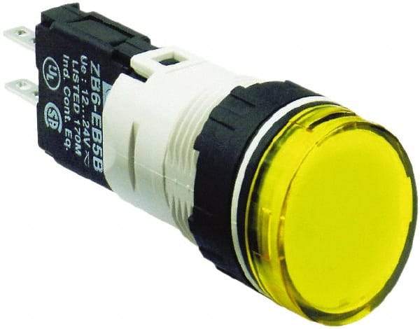 Schneider Electric - 12-24 VAC/VDC Yellow Lens LED Pilot Light - Round Lens, Quick Connect Connector, 18mm Wide, Vibration Resistant - Americas Industrial Supply