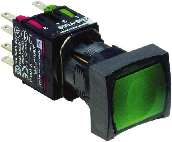 Schneider Electric - 16mm Mount Hole, Flush, Pushbutton Switch with Contact Block - Rectangle, Green Pushbutton, Illuminated, Momentary (MO) - Americas Industrial Supply