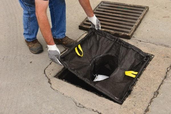 Eagle - 25" Long x 42" Wide, Nonwoven Geo-Textile Barrier Absorbent - 16 x 20" Drain, Black, Use to Seal off Spills From the Environment, Sediment Only - Americas Industrial Supply