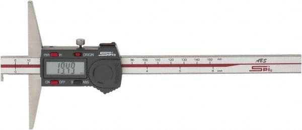 SPI - 0mm to 150mm ABS Plastic (Case) Electronic Depth Gage - 0.02mm Accuracy, 0.01mm Resolution, 4" Base Length, With Single Hook - Americas Industrial Supply