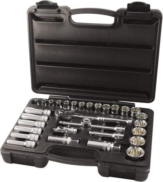 Paramount - 31 Piece 3/8" Drive Chrome Finish Socket Set - 12 Points, 1/4" to 1" Range, Inch Measurement Standard - Americas Industrial Supply